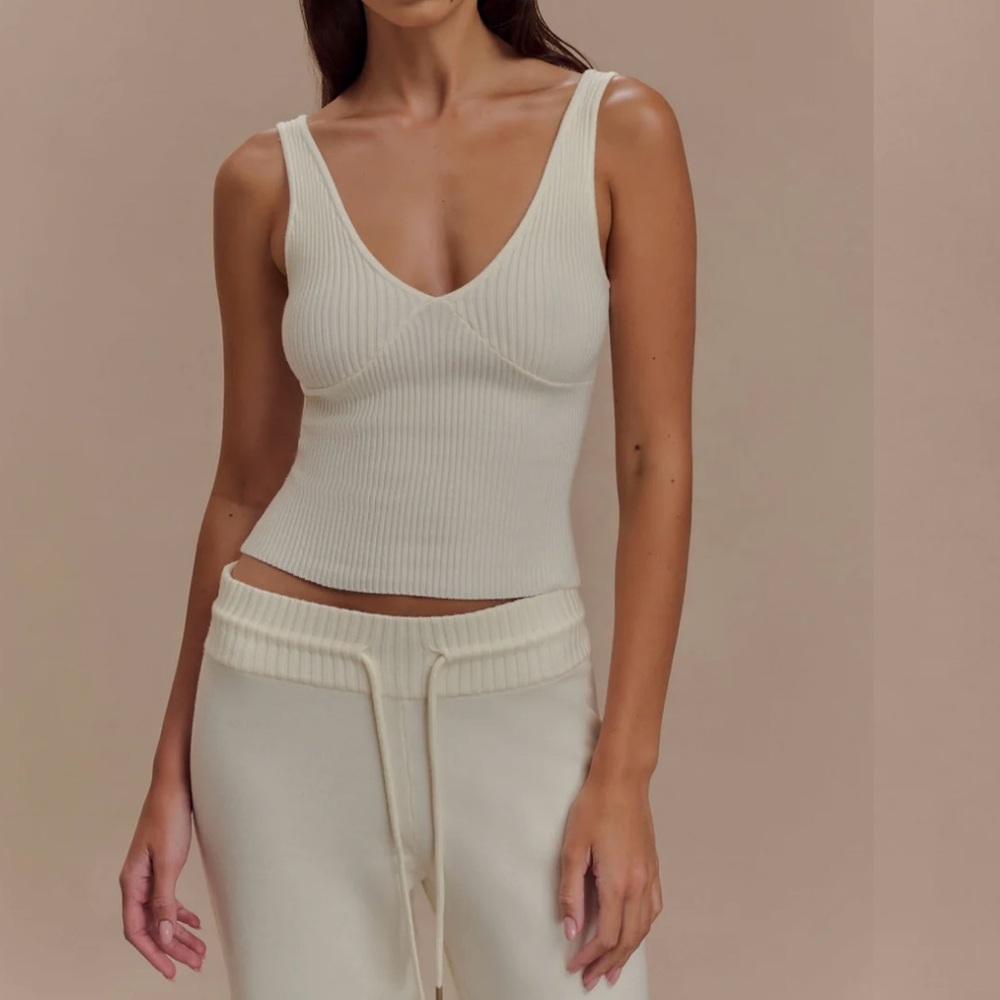 Meshki Cream Ribbed V-Neck Tank Top
